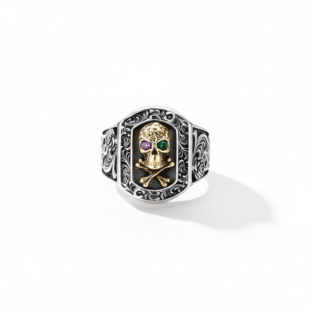 S925 sterling silver skull ring on white background showing gemstone eyes, ornate frame and oxidized finish