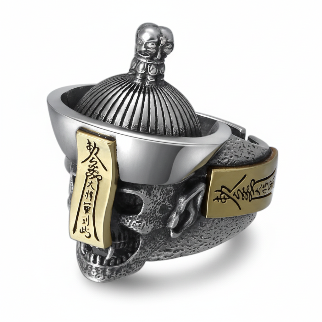 S925 sterling silver skull ring on white background showing decorative hat, gold brass plaques with Asian characters and oxidized finish