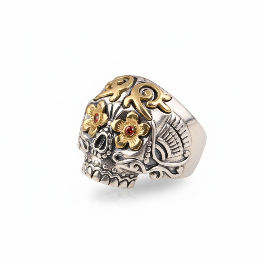 S925 sterling silver sugar skull ring on white background showing Day of the Dead design with copper flower accents, zircon eyes, oxidized finish, and natural shadow