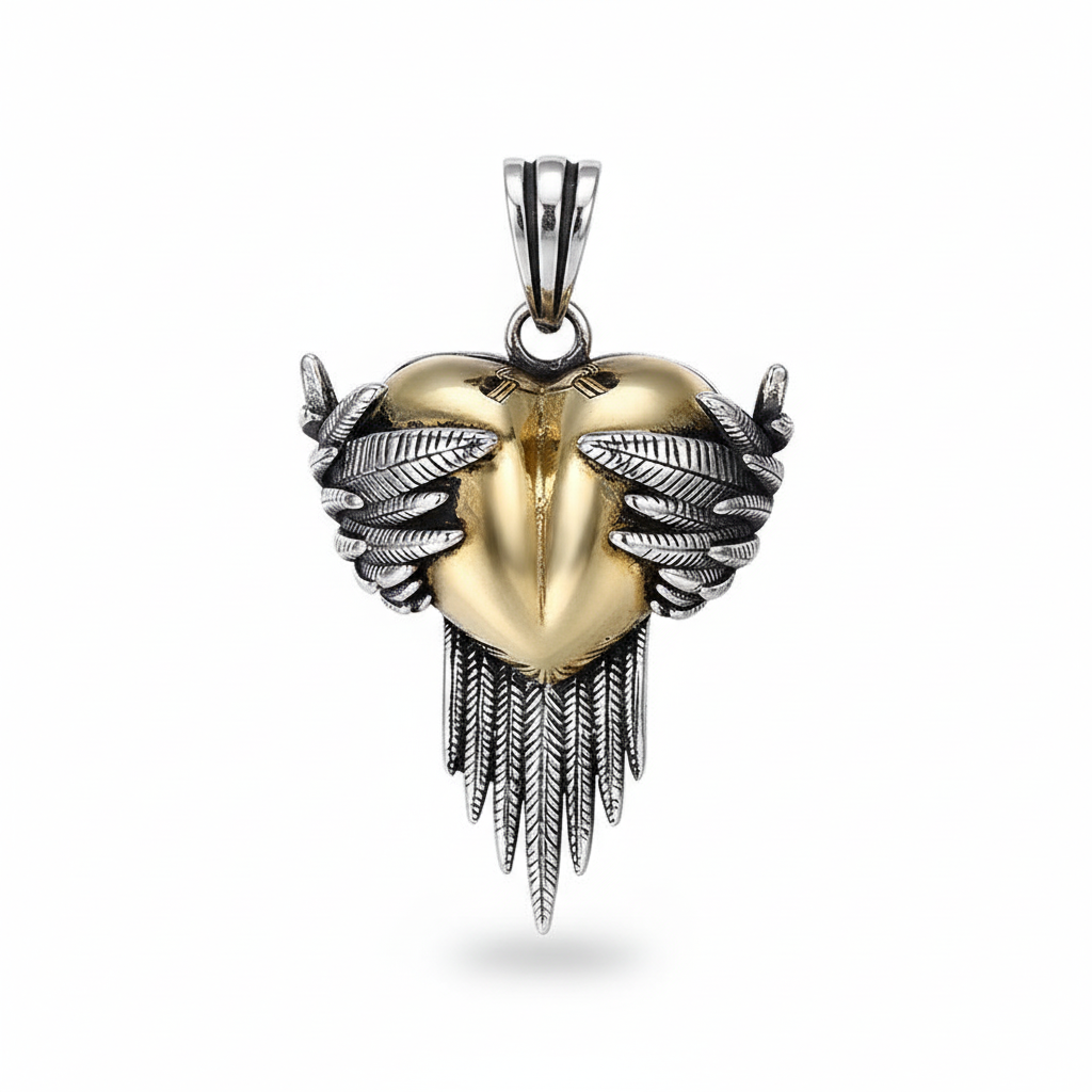 S925 sterling silver winged heart pendant on white background showing angel wings, feather details and oxidized finish
