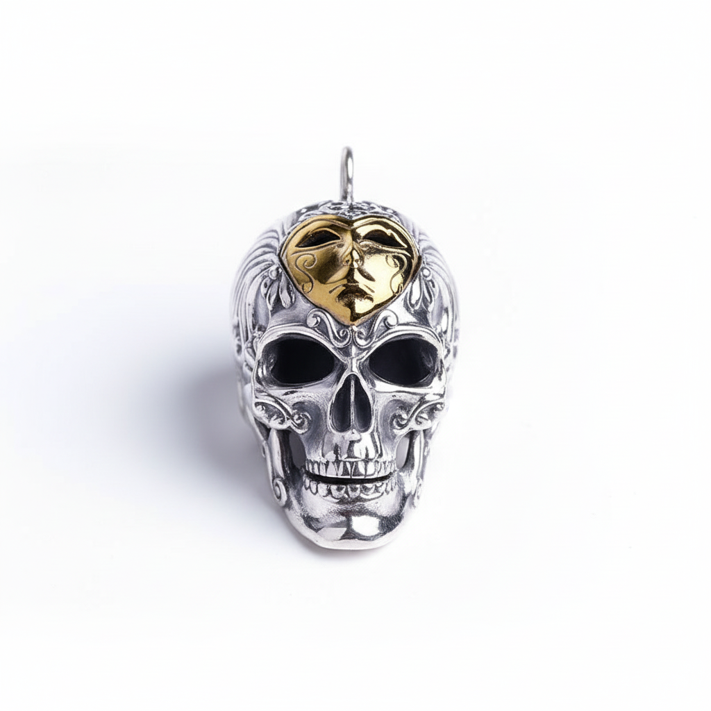 S925 Thai silver skull pendant with closed jaw on white background showing vintage oxidized finish, hollow eye sockets, and intricate carved details with natural shadow